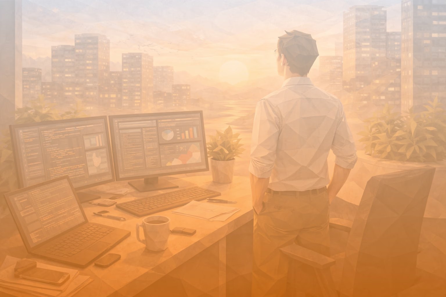 A student standing at a desk of screens, looking out at a city at sunrise.